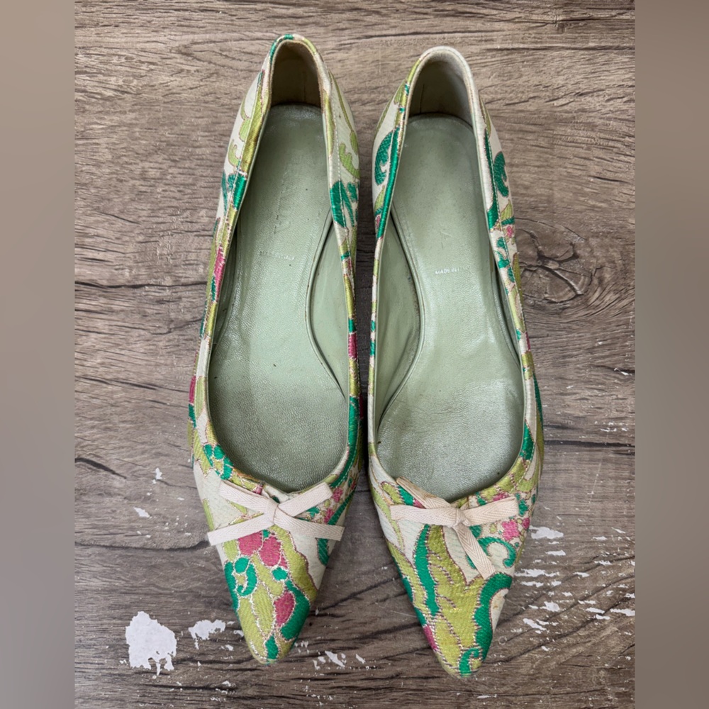 Vtg Prada SS2003 Green Brocade Flat Shoes 37.5